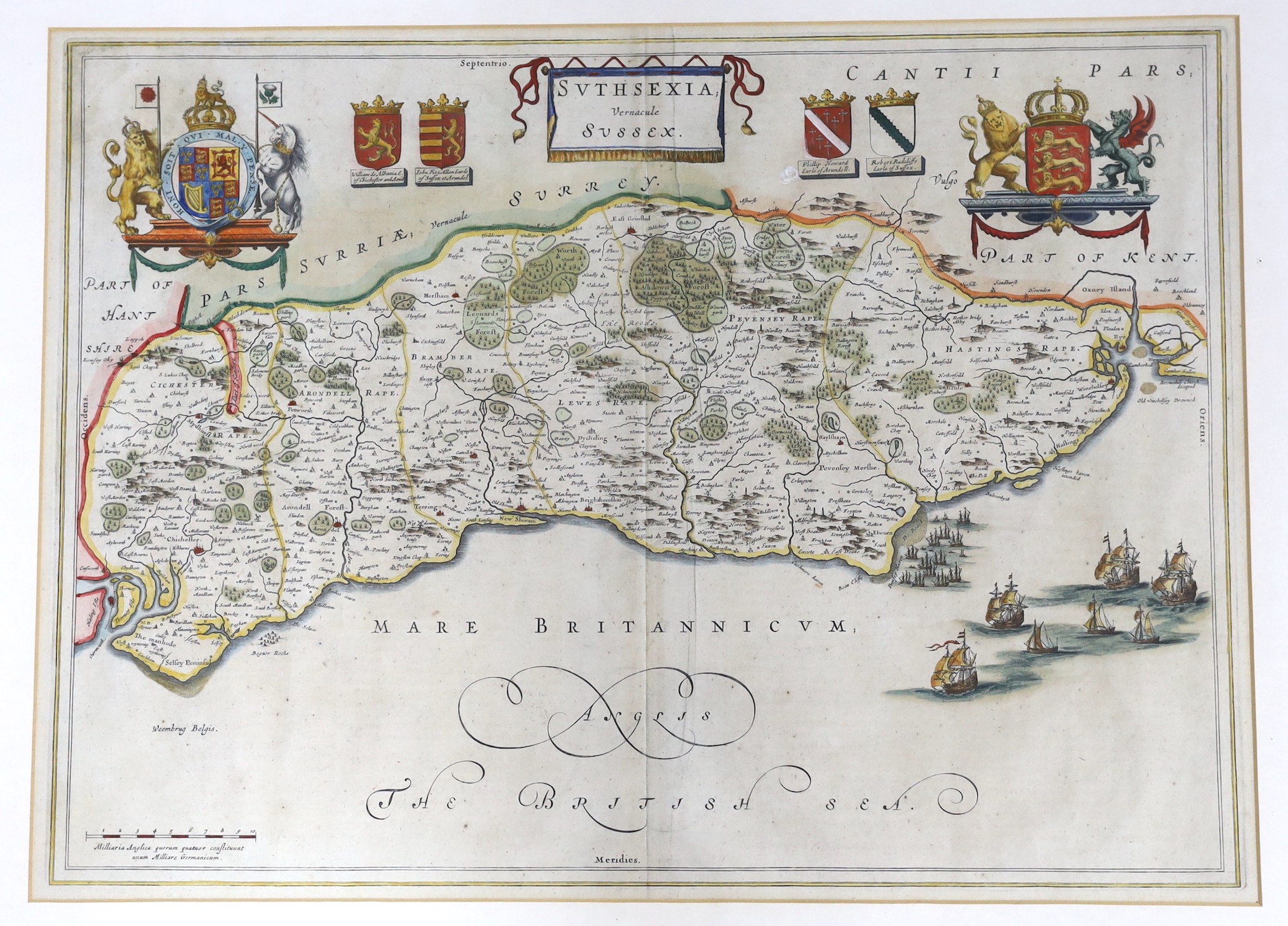 Jan Jansson, coloured engraving, Map of Suthsexia vernacule Sussex, Spanish text verso, 39 x 53cm
